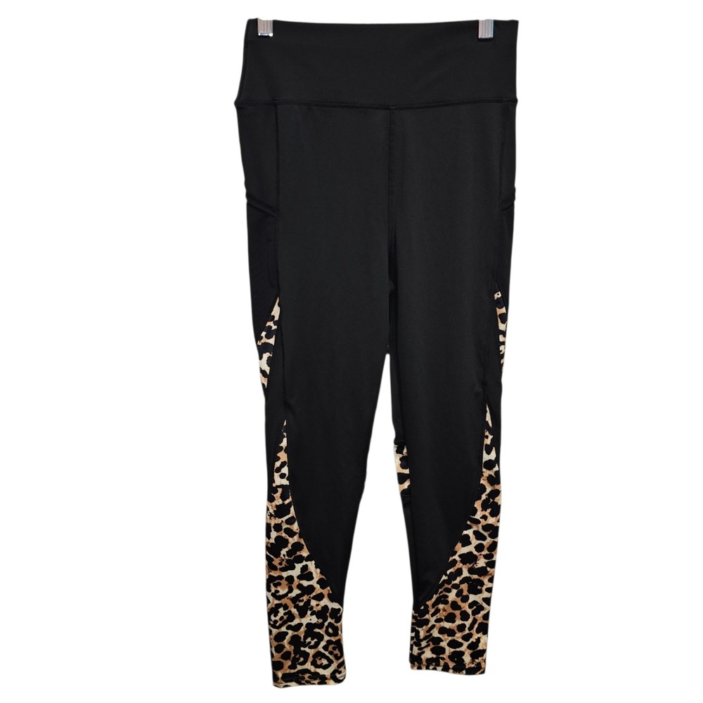 Leggings Women Medium Black Excellent Leopard Print Mesh Side Pockets
